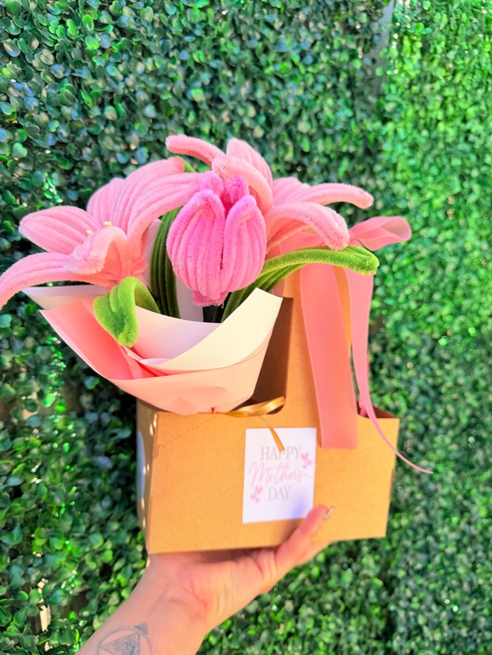 Pink Velvet Flower Bouquet with glass tumbler Gift Bag